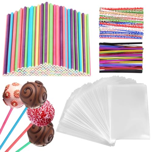 lahnao 600Pcs Lollipop Making Tools Set with 200Pcs 6 Coloured Cake Pop Sticks, 200Pcs Cake Pop Bags and 200 Twist Ties for Lollipops, Candies, Biscuits, Pastries