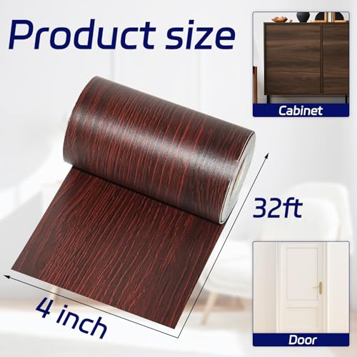 Image of Red Wood Grain Repair Tape, 4 inch X 32 ft Self Adhesive Tape for Furniture, 1 Roll Wood Grain Repair Patch for Baseboards, Doors, Floors, Window, Chairs, Cabinet