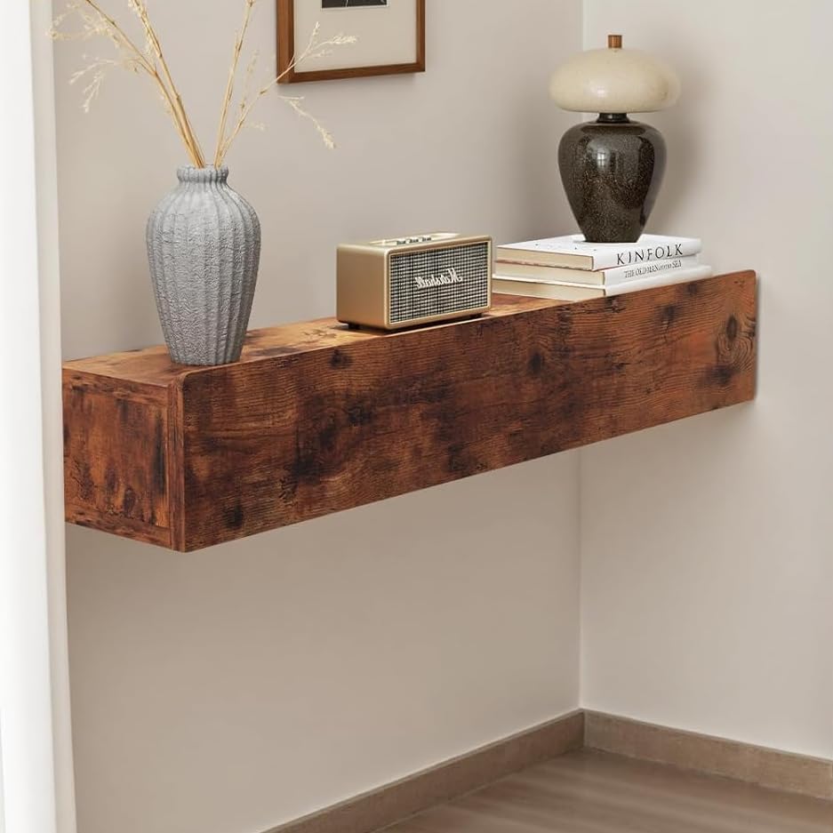 Miniatura 1 de Mesa consola flotante de madera maciza, mesa de entrada estrecha montada en la pared de 32 pulgadas con estante de almacenamiento, estantes modernos