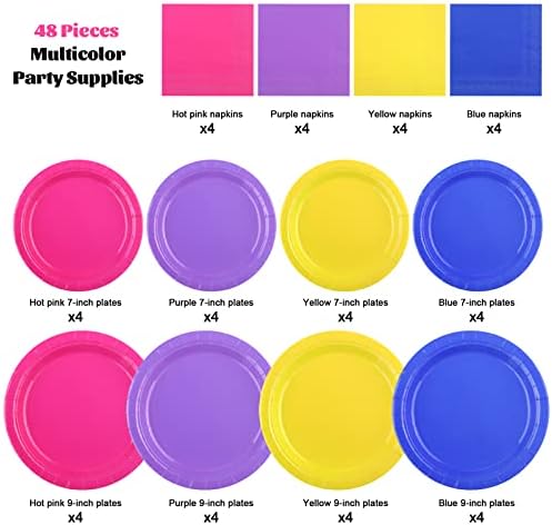 Ruisita 48 Pieces Multicolor Party Supplies Solid Multicolor Tableware Including 7 Inch and 9 Inch Paper Dinner Plates 3 Ply Napkins for Wedding, Birthday Party, Picnic, Barbecue (Serves 16)