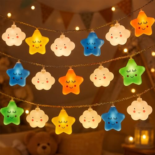 ZingBox Kinderzimmer Lichterkette Batterie, Stern Weiß Wolken Lichterketten, 1,5 m 10 LEDs Bunte LED Lichterkette Innen für Kinderzimmer Nachttisch Schreibtisch Geburtstag Party Hochzeits Deko