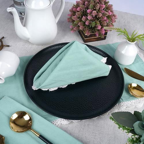 Image of FINGERCRAFT Cloth Napkins Set of 6, 20x20 Inch, Cotton Linen Blend Table Napkins with Premium White Lace Edge, Reusable Washable Dinner Napkins for Wedding, Festive Dining, Parties & Home Decor (Aqua)