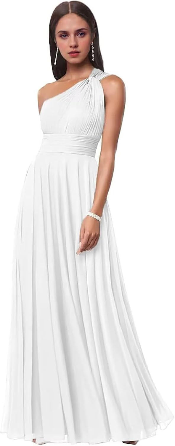 One Shoulder Bridesmaid Dresses for Women Pleated Chiffon Formal Dresses A Line Long Evening Gowns with Pockets