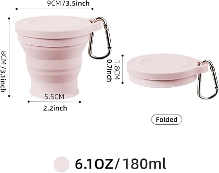 Reusable Foldable Silicone Water Cup, Portable Picnic Snacks Cup, Pocket Size Travel Cup Extensible, Collapsible Cups with Lid for Camping, Travel (Pink with Hook)