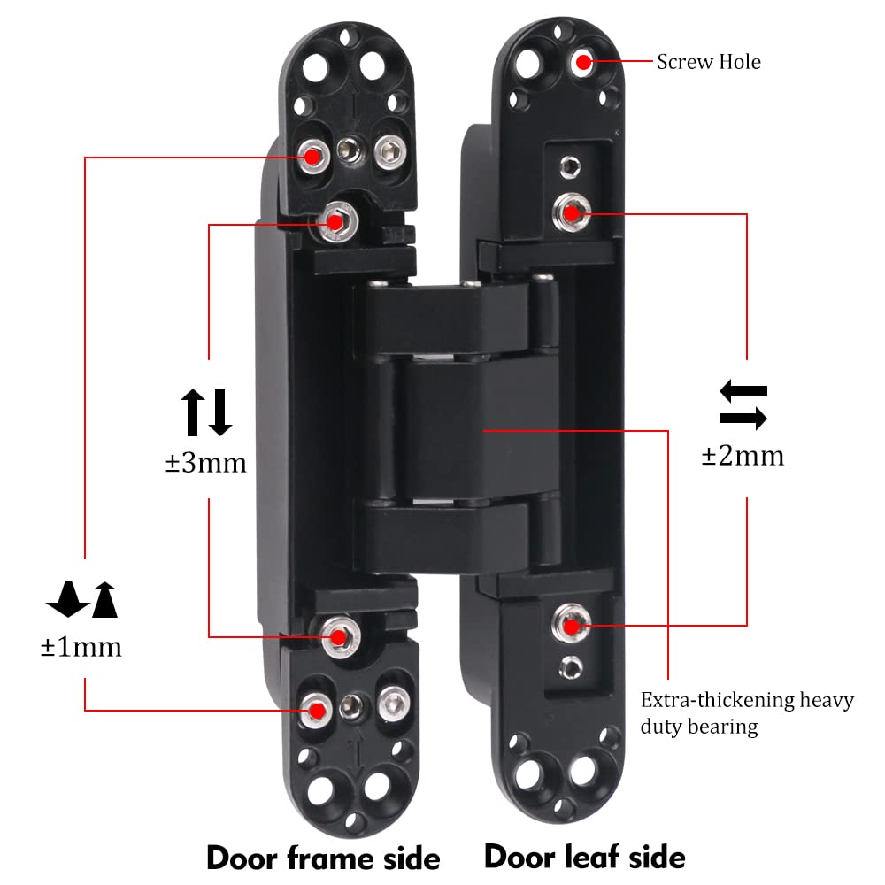 Moderna aleación de zinc negro + bisagras invisibles de aluminio, oscilación de 180 grados, resistente, oculta, ajustable en 3D, (15 cm (1 par), color negro