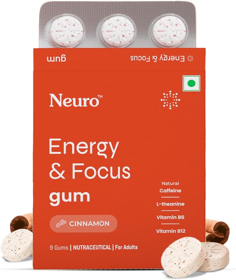 Neuro Energy & Focus Gum - Cinnamon | Quick Energy Boost & Enhanced Focus | Natural Caffeine + 60 mg L-Theanine + Vitamin B6 & B12 | No Added Sugar | Aspartame Free | 18 Gums