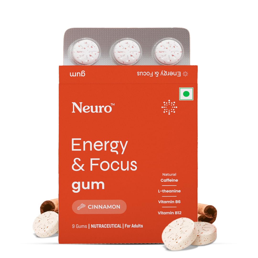 Neuro Energy & Focus Gum – Cinnamon | Quick Energy Boost & Enhanced Focus | Natural Caffeine + 60 mg L-Theanine + Vitamin B6 & B12 | No Added Sugar | Aspartame Free | 18 Gums