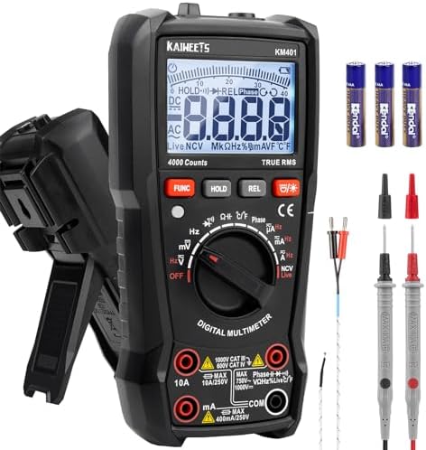 KAIWEETS KM401 Digital Multimeter and Analyzers TRMS 4000 Counts, Accurate Voltmeter with Auto-Ranging Measures DC/AC Voltage & Current, Frequency, Resistance, Continuity, Phase, NCV for Automotive