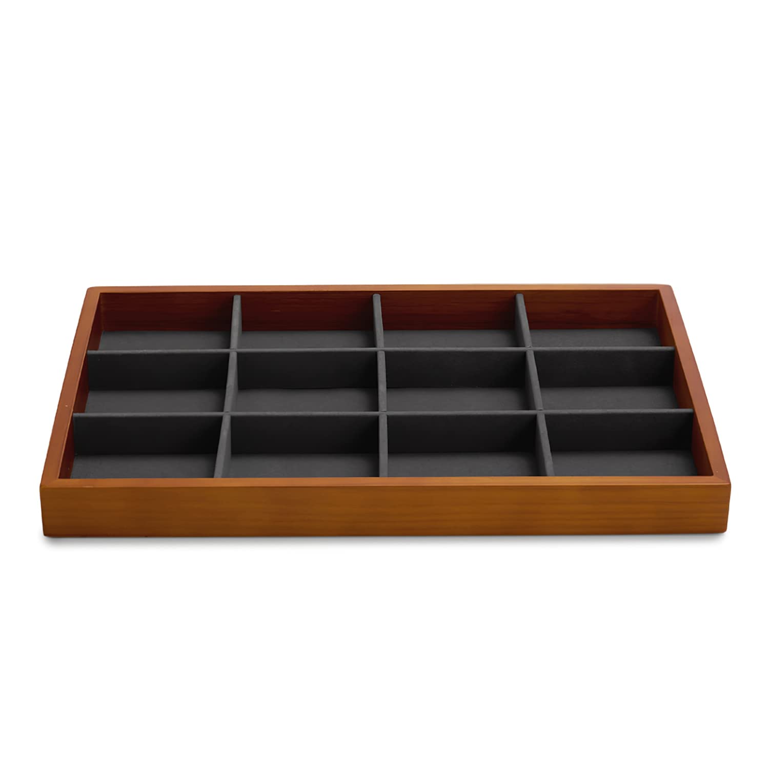 HVMBEUGOS 12 Compartment Wooden Jewellery Tray Stackable Jewellery Storage Tray with Dark Grey Velvet Lining