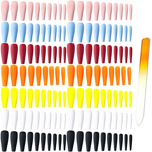 editTime Super Long Fake Nails Coffin Glossy or Matte Press on Nails Ballerina Solid Color Acrylic False Nails Art Salon Faux Ongles Fingers Nails (Matte kit)