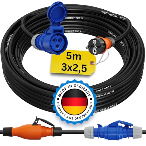 Schuko auf CEE Adapter 5m Camping Stromkabel PCE H07RN-F 3x2,5 Landstromkabel Wohnmobil Wohnwagen Kabel Camping Adapter 5 Meter Strom Verlängerungskabel CEE-Stecker Campingstecker