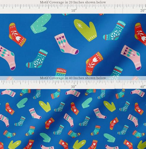 Image of Soimoi Blue Cotton Poplin Fabric Socks & Gloves Folk Art Print Sewing Fabric Meter 56 Inch Wide