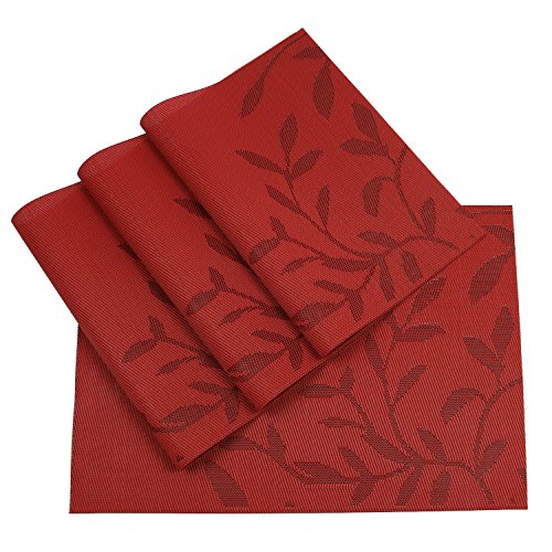 Shacos Red Placemats Set Of 8 Woven Vinyl Place Mats For Dining Table Heat Resistant Table Mats Leaf Design Placemat (8, Red) #TOP4