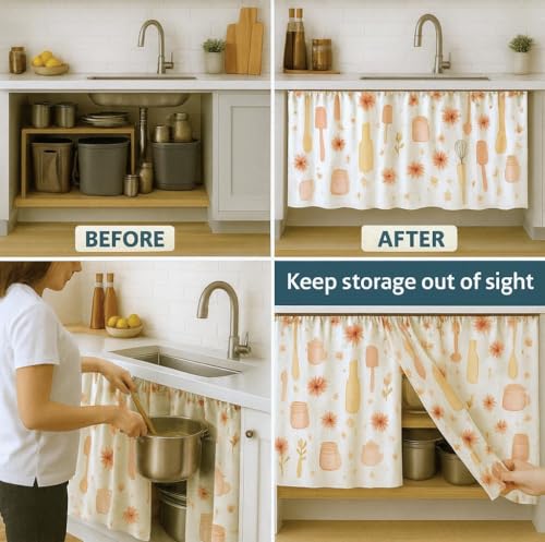 Image of Premium Printed Kitchen Sink Curtain with Rod Pocket | Under Sink Storage Cover | Washable Dustproof Cabinet Curtain for Kitchen Counter, Wash Basin (Pink Flower, Pack of 2)