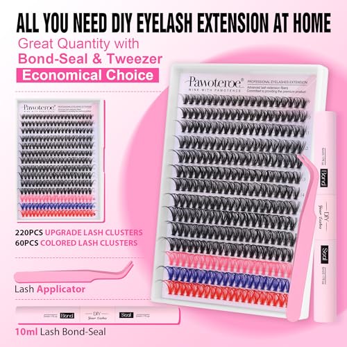 Image of Pawotence Lash Extension Kit DIY Individual Lash Clusters Eyelash Extension Kit 9-16mm Lash Clusters Colored with Lash Bond and Seal, Lash Tweezers for Self Application (40D, 9-16mm, Color Kit)