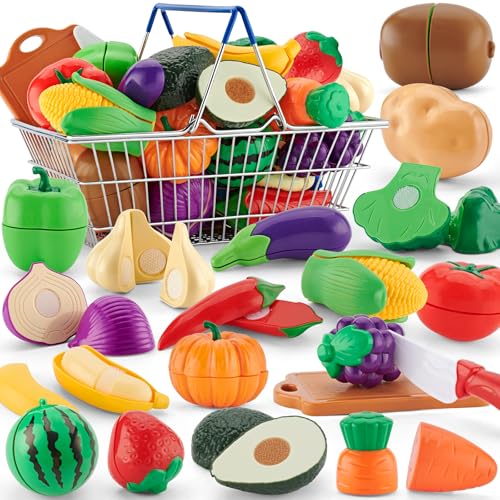 20 Pcs Pretend Play Cutting Food Set Toys for Boys Girls Toddlers Age 3 4 5 Kitchen Set Fruits Vegetable with Stainless Steel Basket