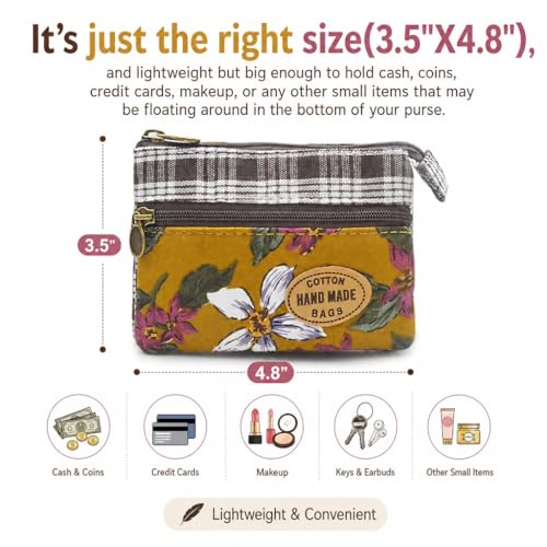 Image of Women Small Zipper Coin Purse, Handmade Fabric Flower Embroidered Change Pouch, Cotton Double Zipper Wallet