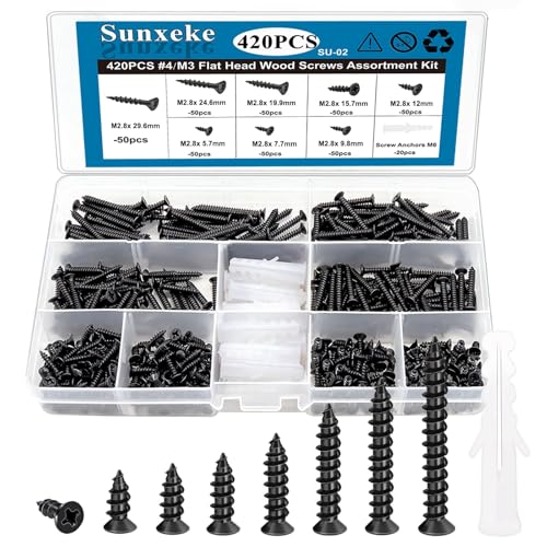 Sunxeke 420PCS M3 Small Wood Screws Assortment Kit,Phillips Drive Flat Head Self-Tapping Screws, Black Short Screws Set with 20pcs M6 Screw Anchors