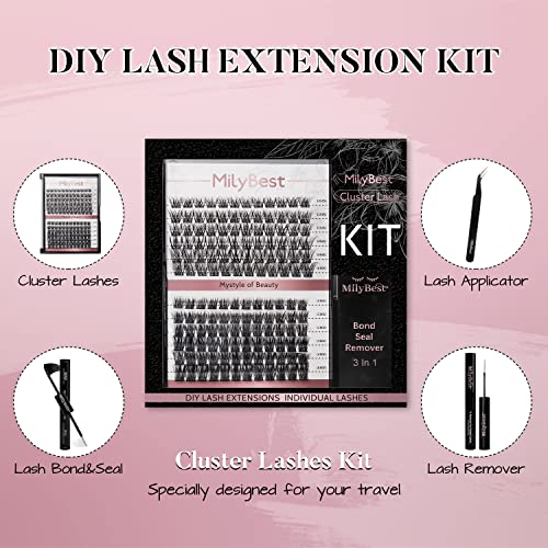 MilyBest-DIY-Eyelash-Extension-Kit-with-144-Pcs-Lash-Clusters-Bond-and-Seal-Eyelash-Glue-Remover-Eyelash-Tweezers-Applicator-Beginner-Set-10-16mm-Thin-Band-Cluster-Lashes-Kit-Kit-2-Styles-M02
