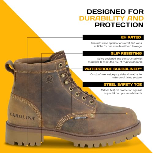 Carolina Marlboro Lo 6” Waterproof Steel Toe Boots for Men - Leather with Breathable Lining, EVA Footbed, Oil & Slip-Resistant Lug Outsole, EH Rated, Brown - 10.5 D3