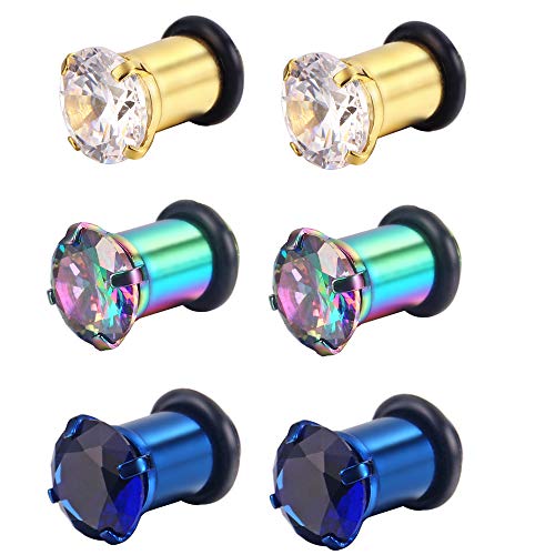 3Pairs Lightweight Ear Gauges Plugs Tunnels 4G/5mm 316L Stainless Steel Prong Setting Clear/Blue/Rainbow CZ Ear Stretcher Expander Plugs with Rubber O-Rings (B02:3Pairs(4G=5mm)) - Thumbnail 3
