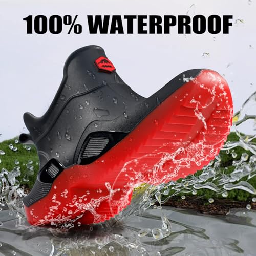Short rain boots women waterproof deck boots for men ankle fishing boot comfortable garden work shoes lightweight chelsea boot for Boating Camping Sailing black&red2