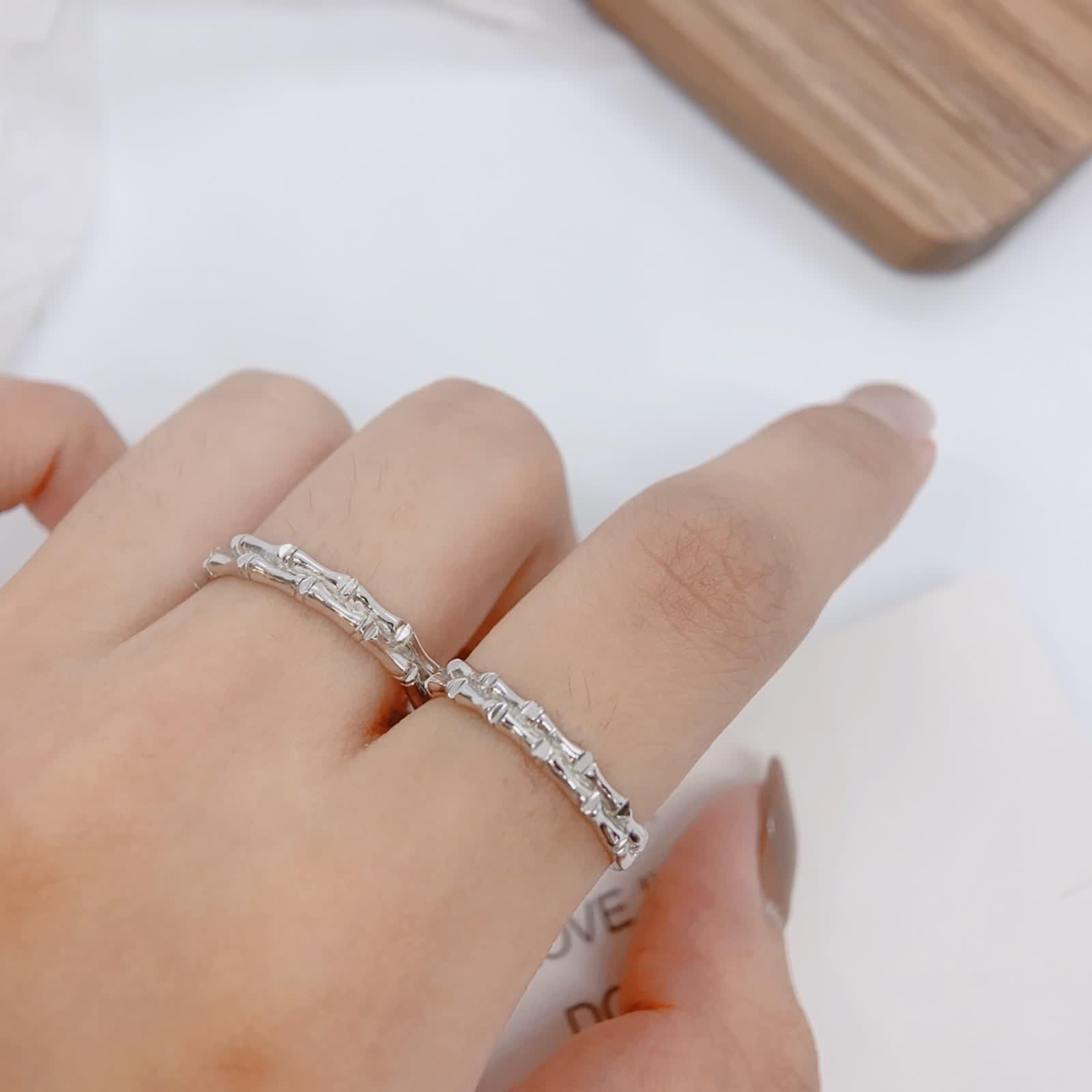 Par de anillos de plata 925, anillos para parejas, forma de bambú, plata, par de joyas, tamaño ajustable