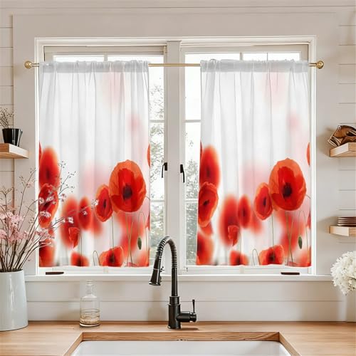 Odot 2 Piezas Cortinas Cocina, Cortinas Semitransparente y Visillos Cortos para Ventanas, Estilo Sakura Japonés Cortina Cocina, para Salón Lavadero Baño y Pequeñas Ventanas (Floral 2,80x150cm)