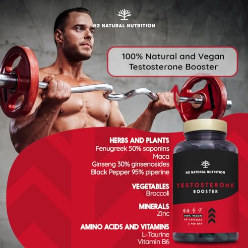 Testosterone Supplements for Men. Contributes to Normal Testo Levels | Maca, Fenugreek, Ginseng, B6, Taurine, Zinc, Black Pepper for Muscle & Energy Booster. 90 Capsules. Vegan N2 Natural Nutrition - Image 4