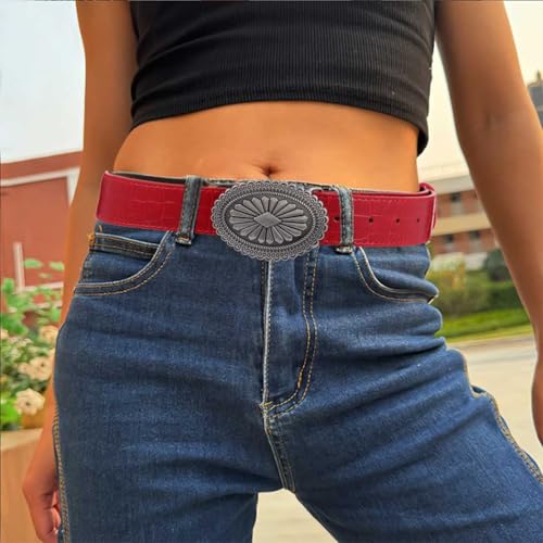 Yalice Women Red Leather Belt Silver Buckle Cowgirls Belts for Jeans Y2K Country Waist Belt for Ladies2