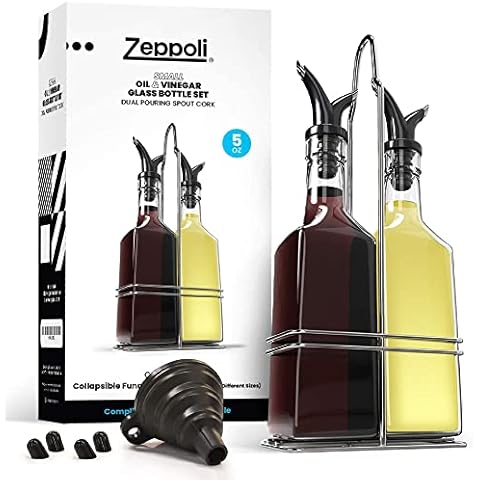 Zeppoli Oil and Vinegar Bottle Set with Stainless Steel Rack and Removable Cork - Dual Olive Oil Spout - Olive Oil Dispenser, Olive Oil Bottle and Vinegar Bottle Glass Set (5 oz) Cover