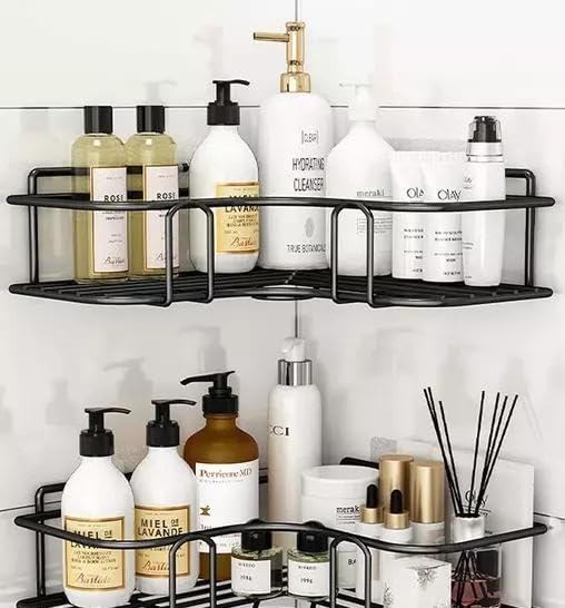 Self Adhesive Bathroom Corner Shelves, Wall Mounted Holder Washroom Organizer, L-Shape Corner Wall Hanging Multipurpose Shelf for Bathroom and Kitchen, Black (Metal, Pack of 1)1PIS/CORNER/610_KP714-image-33