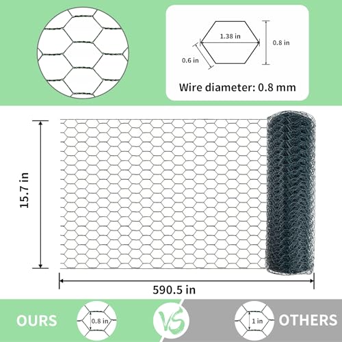 Image of Chicken Wire 15.7 in x 590.5 in Poultry Wire Netting Hexagonal Galvanized Mesh Garden Fence Barrier for Pet Rabbit Chicken Fencing with 100 Pcs Cable Zip Ties(PVC-Coated)