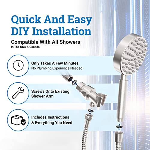 All Metal Handheld Shower Head With Hose And Brass Holder- Brushed Nickel - 2.5 Gpm High Pressure Shower Heads - Hand Shower Head With Adjustable Shower Wand Bracket - 6Ft Flexible Extension #TOP4