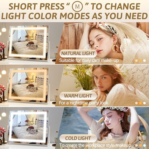 Image of ROLOVE Vanity Mirror with Lights 22 inchx18 inch, Lighted Makeup Mirror with 10X Magnification, Smart Touch 3 Colors Dimmable, 360 Rotation, Women Gift, Dresser Mount, Bathroom (White)
