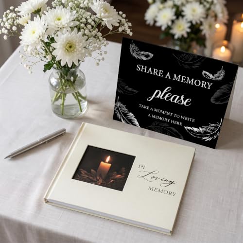 Image of Funeral Guest Book, in Loving Memory Sign in Book with Photo Slot | 330 Entries, Table Sign Card Included, Gold Stamping, Twill-Textured Paper Cover, Celebration of Life Keepsake, 9x7.5 inch, Beige