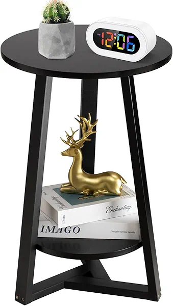 Hadulcet Black Side Table, Two-Tier Round End Table, Modern Small Side Table Living Room, Bedroom & Balcony, Black End Table with Storage Shelf with Solid Wooden Legs
