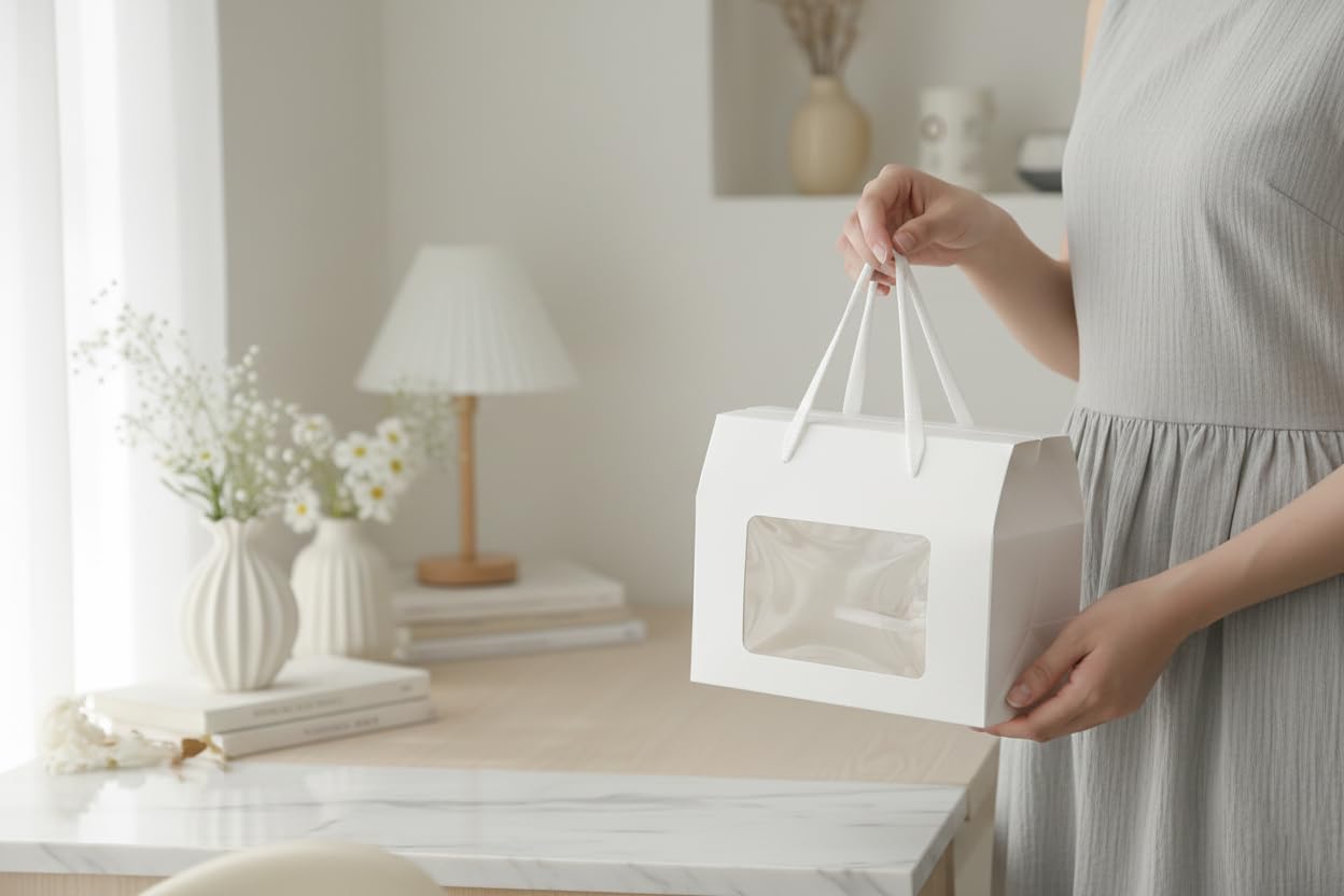 Emartbuy Weiße Kraft-Geschenkboxen mit Fenster & Griff - Größe 2 (20 × 15 × 11 cm) - Luxus-Präsentationsboxen für Bäckerei & Firmengeschenke - 96 Stück