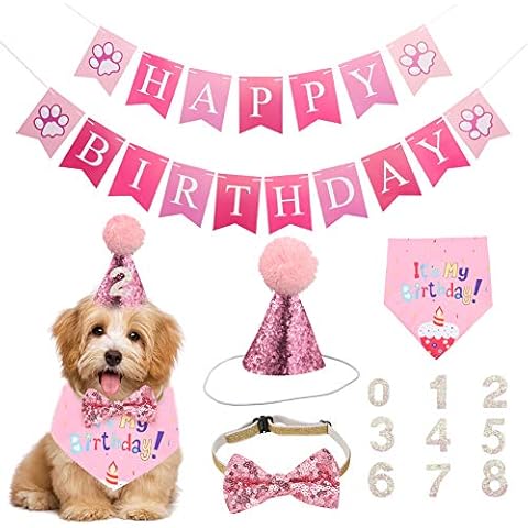 Set of 5 Dog Birthday Bandana Hat Banner Triangle Scarfs Birthday Party Supplies for Small Medium Dogs Cats Costumes Headwear (Pink) Cover