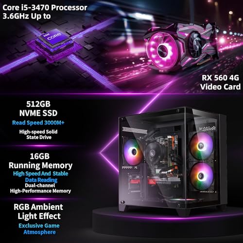 Image of ZER-LON Prebuilt Gaming PC Desktop, Core I5 Desktop Computer up to 3.6 GHz | RX 560 4GB Graphics Card, 16GB RAM, 512GB SSD, WiFi, RGB Fan, Win11, Tower Computer for Game, Office and Study