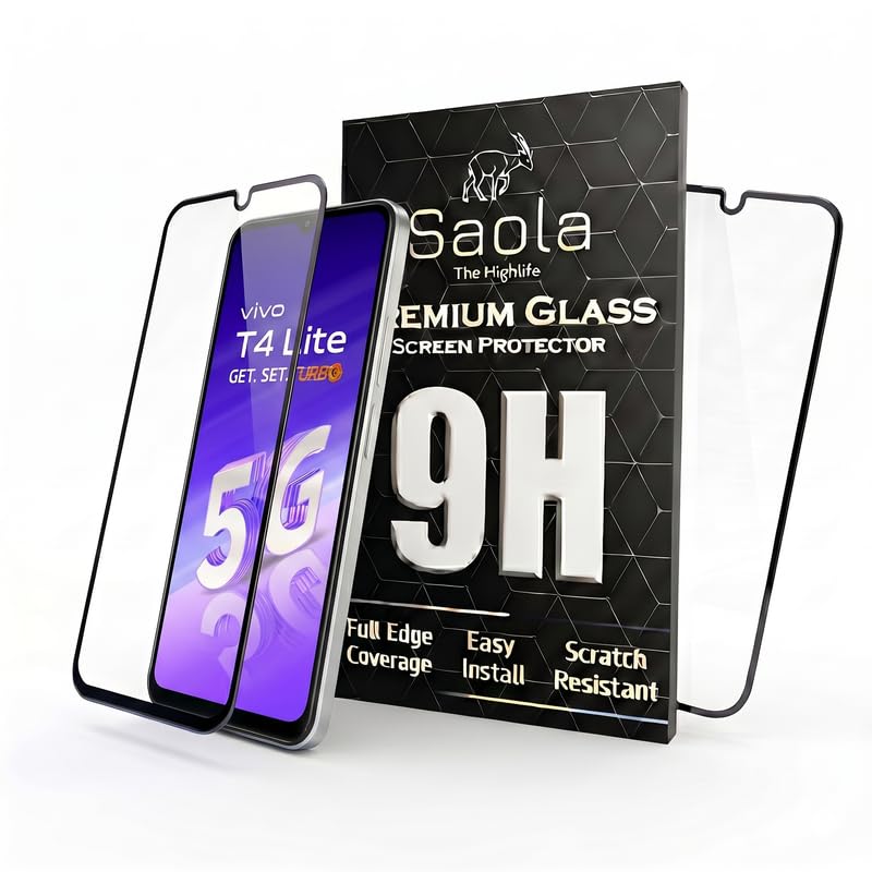 Image of Saola HD Clear Tempered Glass for Vivo T4 Lite 5G | High Strength 9H Protection, Smooth Touch, Full Coverage Screen Guard, 2-Step Installation Kit | Quick & Easy Application (Pack of 2)
