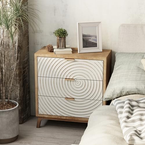 COZAYH Farmhouse 3 Drawer Dresser with Handcrafted Wood Ring Motif, White Nightstand for Bedroom, Rustic & Natural, Fully Assembled, Boho - Image 8