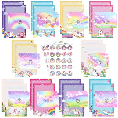 Image of TaoBary 160 Pcs Unicorn Theme Stationery Paper and Envelopes Set 50 Double Sided Lined Stationery Paper with 50 Matching Envelopes and 60 Round Dot Sticker 5.5 x 8.25'' Letter Writing Kit, 10design