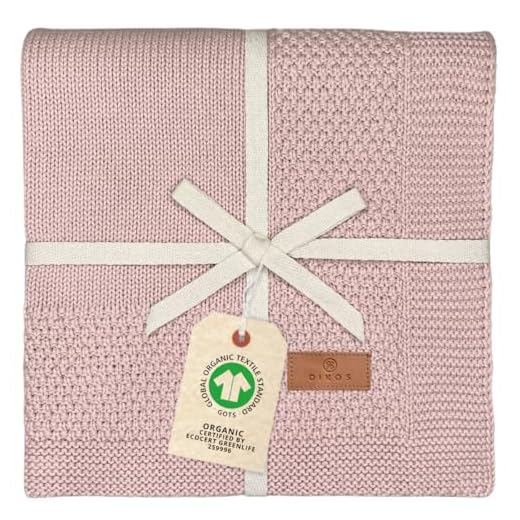 DIKOS® Babyfilt av x 100 % ekologisk bomull rosa | sommartäcke nyfödd babyfilt | stickad filt med kant | gosig filt bomullsfilt | första utrustning gåva till födsel flicka