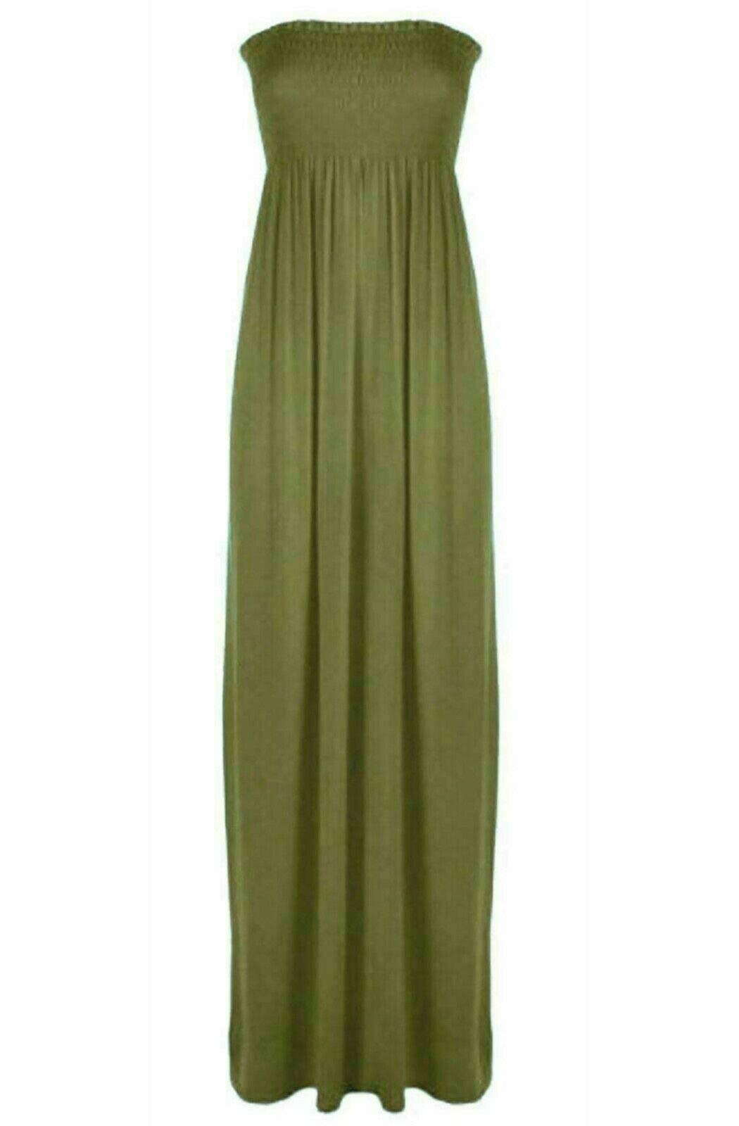 Fairy Trendz Ltd Women's Khaki Plain Shirred Bandeau Strapless Ruched Long Boob Tube Jersey Summer Maxi Dress Sheering Maxi Maxy( Uk 12-14)