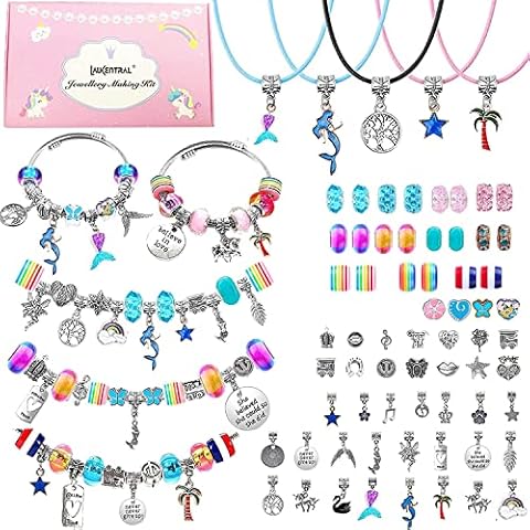 73 Pieces Charm Bracelet Making Kits, LauCentral Jewelry Making Supplies Beads DIY Art Crafts Supplies Set with Snake Chain String for Christmas Gifts for Girls Teens Children Age 8-12 Cover