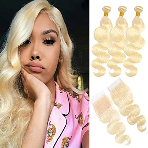 Queen Love 613 Blonde 3 Bundles with Lace Frontal Closure 4×4 Brazilian 100% Human Hair Body Wave Free Part Closure (613 12 12 12+10)