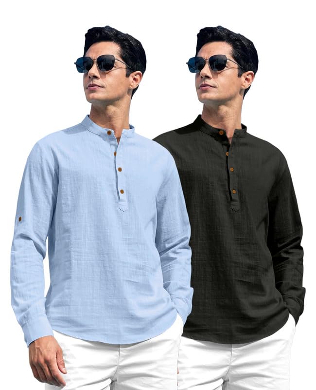 Image of ROYALSCOUT Combo of Men's Solid Cotton Blend Full Sleeve Straight Kurta Shirt (Pack of 2)