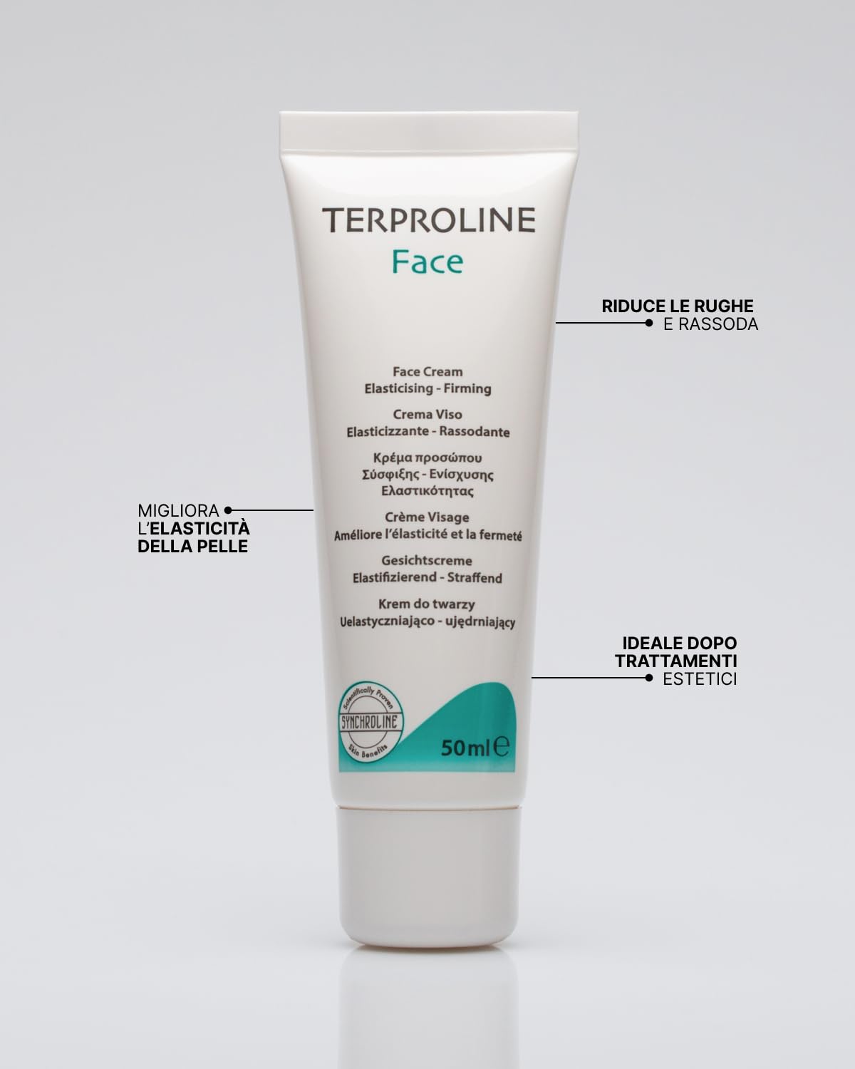 Synchroline - Terproline Face Crema Rassodante Viso e Collo 50 Ml Con Acido Ialuronico Peptidi e Centella Asiatica Contro Rughe e perdita Di Tono, Made In Italy