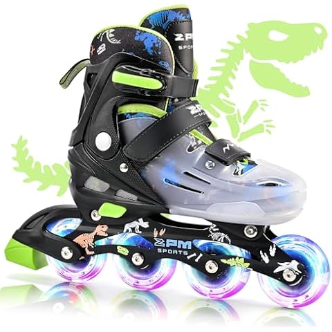 2PM SPORTS Adjustable Inline Skates for Girls Boys Kids Age 4-8 5-8 6-12 8-12 with Light Up Wheels, Inline Skates for Women Youth Female Outdoor Indoor Size 11C 1 2 3 4 5 6 7 8 Dinosaur Cover